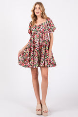 Red Multi-Color Floral Puff Sleeve Ruffle Hem Dress