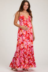 Orange Floral Sleeveless Ruffle Hem Maternity Maxi Dress