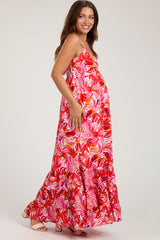 Orange Floral Sleeveless Ruffle Hem Maternity Maxi Dress