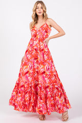 Orange Floral Sleeveless Ruffle Hem Maternity Maxi Dress