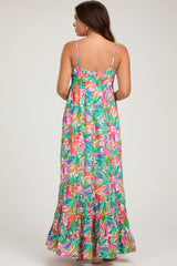 Green Floral Sleeveless Ruffle Hem Maternity Maxi Dress