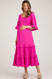 Fuchsia Smocked Ruffle Tiered Maternity Midi Dress