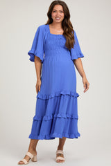 Royal Smocked Ruffle Tiered Maternity Midi Dress