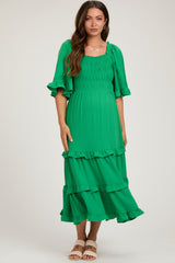 Green Smocked Ruffle Tiered Maternity Midi Dress