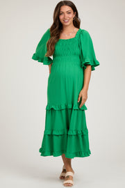 Green Smocked Ruffle Tiered Maternity Midi Dress