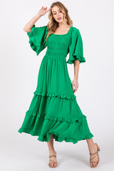 Green Smocked Ruffle Tiered Maternity Midi Dress