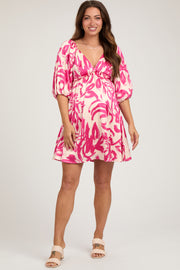 Fuchsia Printed Bubble Sleeve Sweetheart Maternity Dress