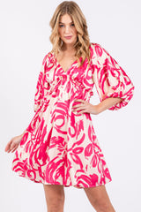 Fuchsia Printed Bubble Sleeve Sweetheart Maternity Dress