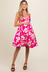 Fuchsia Floral Wrap Top Accent Maternity Dress