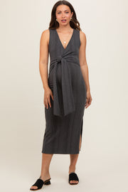 Charcoal Ribbed Wrap Maternity Midi Dress