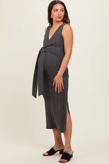 Charcoal Ribbed Wrap Maternity Midi Dress