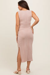 Taupe Ribbed Wrap Maternity Midi Dress