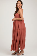 Rust Halter Tiered Maternity Maxi Dress