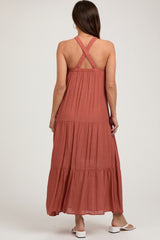 Rust Halter Tiered Maternity Maxi Dress