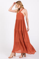 Rust Halter Tiered Maxi Dress