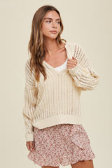 Beige Open Knit Maternity Hooded Sweater