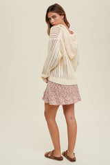 Beige Open Knit Hooded Sweater