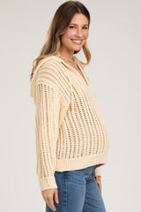 Beige Open Knit Maternity Hooded Sweater