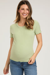 Sage Ribbed Fitted Lettuce Trim Maternity Top