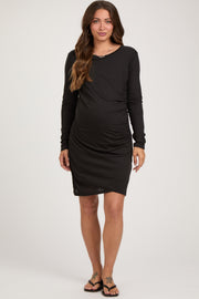 Black Ruched Wrap Maternity Dress