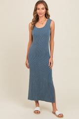 Blue Ribbed Side Slit Maternity Maxi Dress