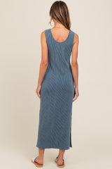 Blue Ribbed Side Slit Maxi Dress