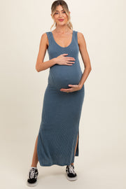 Blue Ribbed Side Slit Maternity Maxi Dress