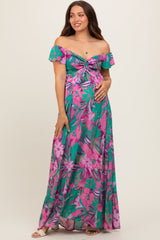 Violet Floral Smocked Off Shoulder Maternity Maxi Dress