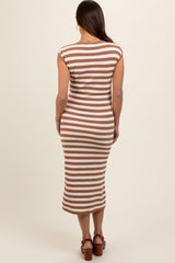 Mocha Striped Sleeveless Maternity Midi Dress