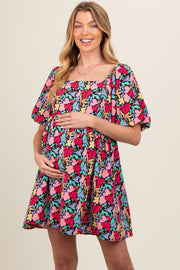 Black Floral Puff Sleeve Maternity Dress