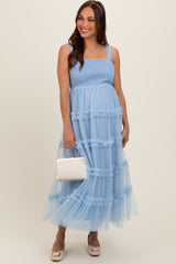 Light Blue Smocked Ruffle Tiered Tulle Maternity Midi Dress