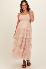 Beige Smocked Ruffle Tiered Tulle Maternity Midi Dress