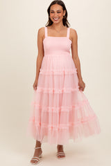 Light Pink Smocked Ruffle Tiered Tulle Maternity Midi Dress