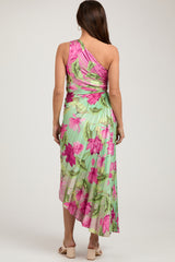 Pink Floral Pleated One Shoulder Cutout Maternity Dress