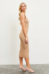 Taupe V-Neck Knit Midi Dress