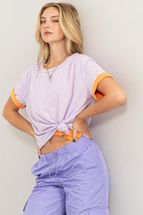 Lavender Raw Hem Maternity Short Sleeve Top