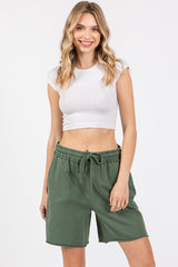 Olive Green Raw Hem Maternity Drawstring Shorts