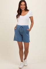 Blue Raw Hem Maternity Drawstring Shorts