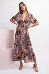 Brown Paisley Print Collared Button Down Maternity Maxi Dress