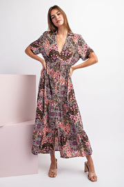 Brown Paisley Print Collared Button Down Maxi Dress