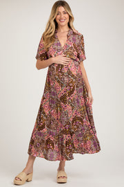 Brown Paisley Print Collared Button Down Maternity Maxi Dress