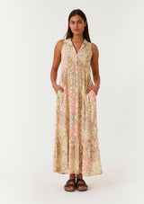 Peach Floral Sleeveless Button Tiered Collared Maternity Maxi Dress