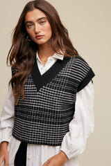 Black Plaid V-Neck Cropped Sweater Vest