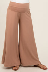 Mocha Ribbed Foldover Waist Maternity Wide Leg Pants