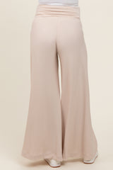 Beige Ribbed Foldover Waist Maternity Wide Leg Pants