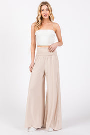 Beige Ribbed Foldover Waist Wide Leg Pants