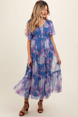 Blue Leaf Print Mesh Smocked Maternity Midi Dress