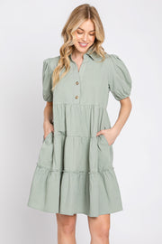 Light Olive Collared Tiered Dress