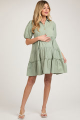 Light Olive Collared Tiered Maternity Dress