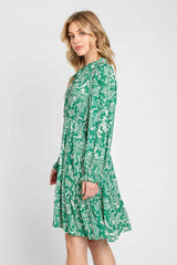 Green Paisley Floral Ruffle Neck Button Front Dress